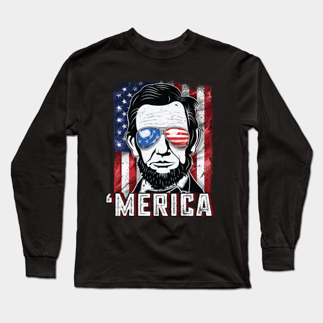 4th of July Merica Abraham Lincoln Long Sleeve T-Shirt by Pennelli Studio